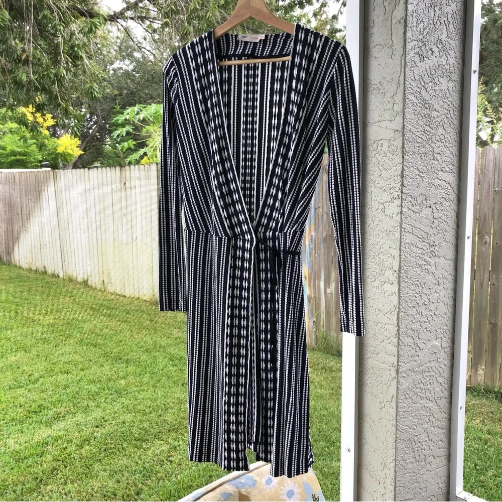Tory Burch Jacquard Wrap Dress XS Navy Black White Stripe Long Sleeve